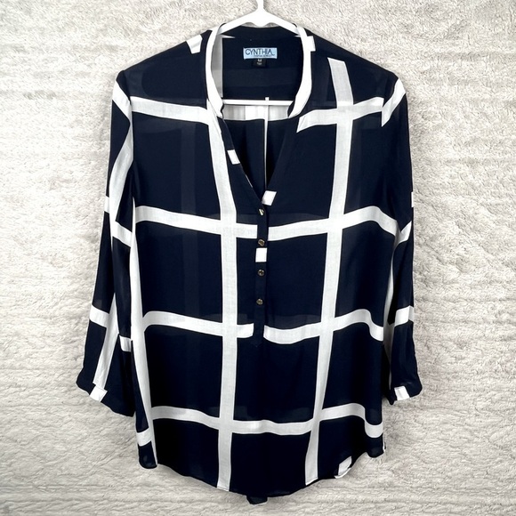 CYNTHIA ROWLEY Nautical Sheer Blouse Popover Navy Blue Window Pane Print Medium - Picture 1 of 16